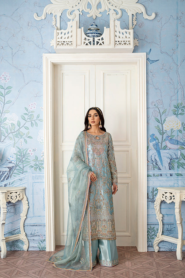 Pakistani Powder Blue Hand-Embroidered Tissue Salwar Kameez (3-Piece) - Image 1