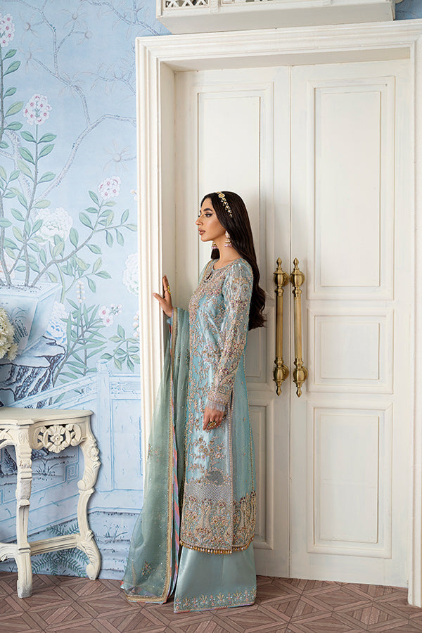 Pakistani Powder Blue Hand-Embroidered Tissue Salwar Kameez (3-Piece) - Image 3