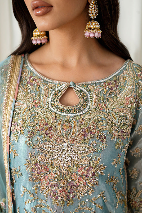 Pakistani Powder Blue Hand-Embroidered Tissue Salwar Kameez (3-Piece) - Image 5