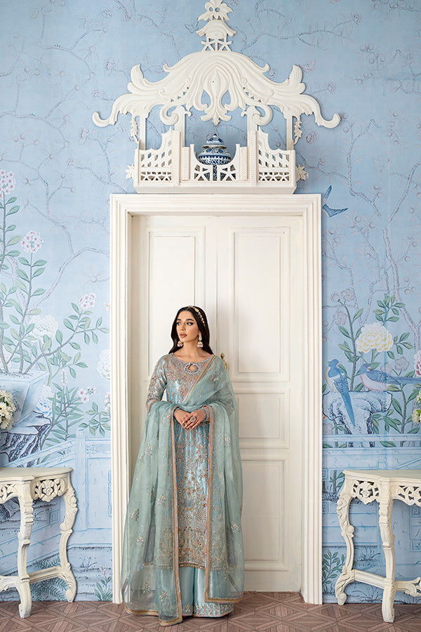 Pakistani Powder Blue Hand-Embroidered Tissue Salwar Kameez (3-Piece) - Image 6
