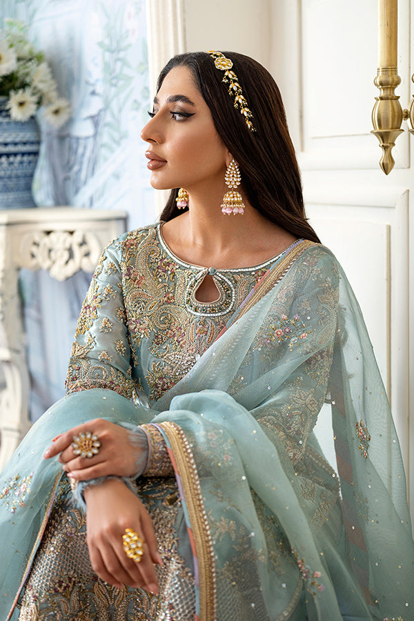 Pakistani Powder Blue Hand-Embroidered Tissue Salwar Kameez (3-Piece) - Image 7