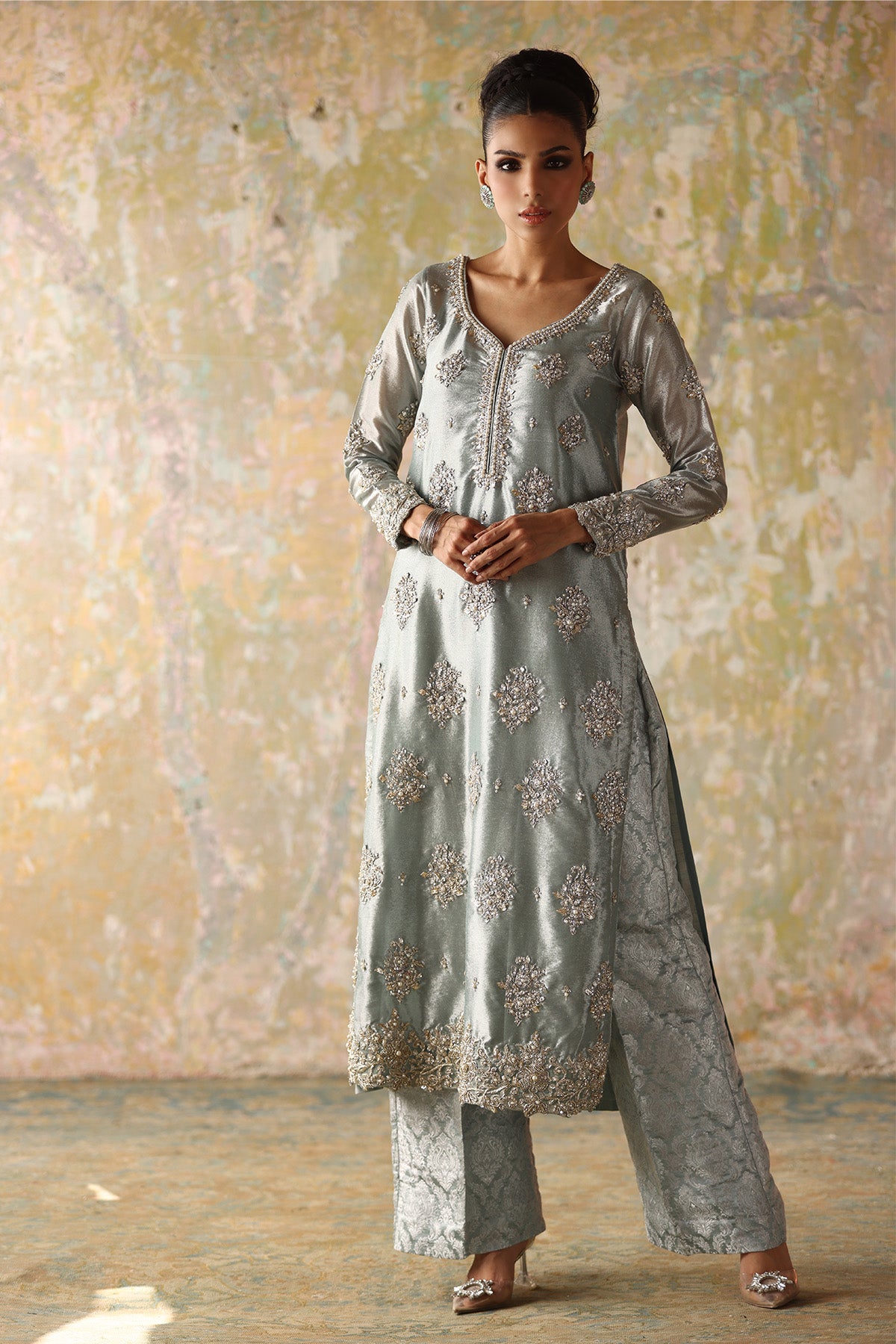 Aqua Embellished Tissue Long Shirt with Jamawar Pants (2-Piece) - Image 1