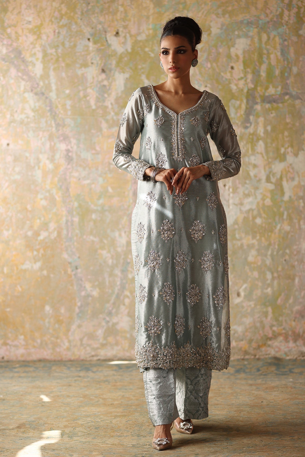 Aqua Embellished Tissue Long Shirt with Jamawar Pants (2-Piece) - Image 2