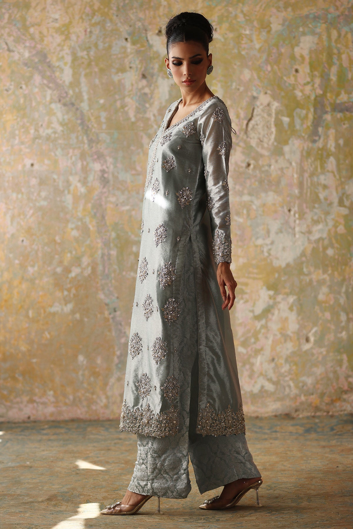 Aqua Embellished Tissue Long Shirt with Jamawar Pants (2-Piece) - Image 3