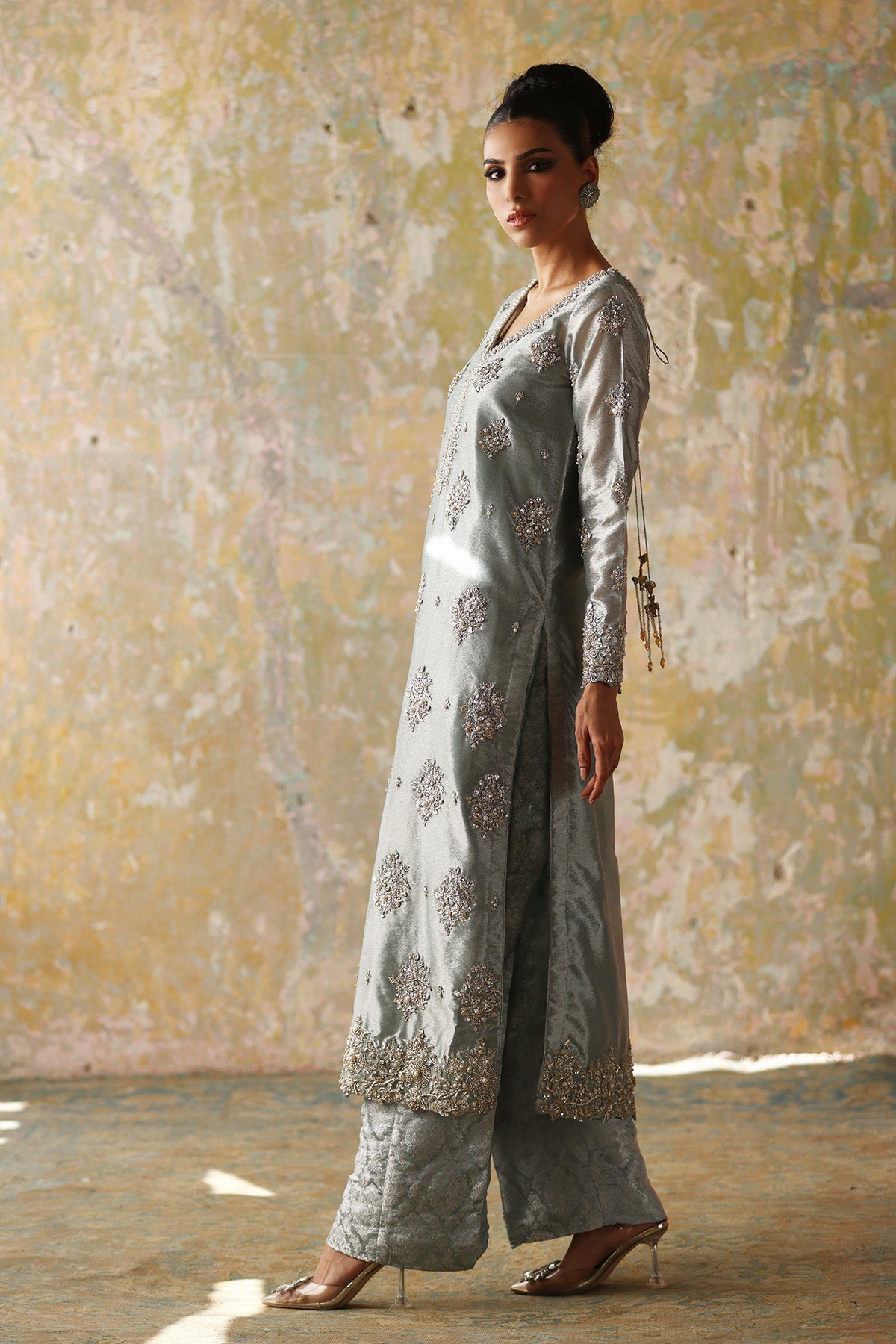 Aqua Embellished Tissue Long Shirt with Jamawar Pants (2-Piece) - Image 4