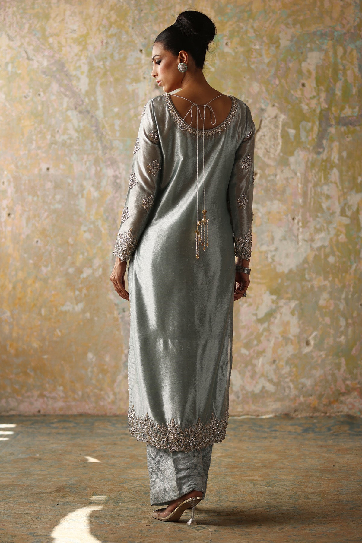 Aqua Embellished Tissue Long Shirt with Jamawar Pants (2-Piece) - Image 5