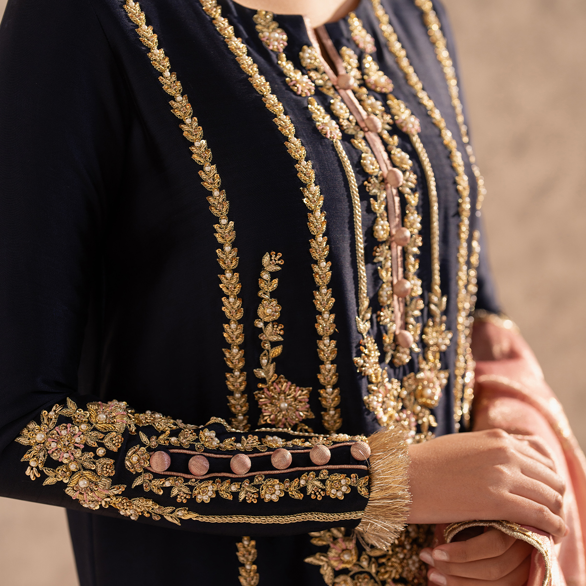 Midnight Blue Hand-Embellished Tissue Silk Salwar Kameez (3-Piece) - Image 2