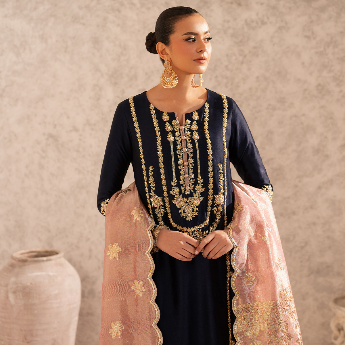 Midnight Blue Hand-Embellished Tissue Silk Salwar Kameez (3-Piece) - Image 3
