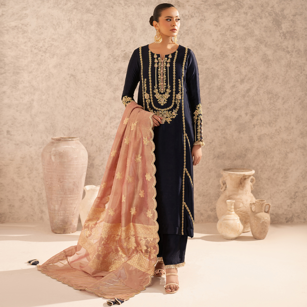 Midnight Blue Hand-Embellished Tissue Silk Salwar Kameez (3-Piece) - Image 4