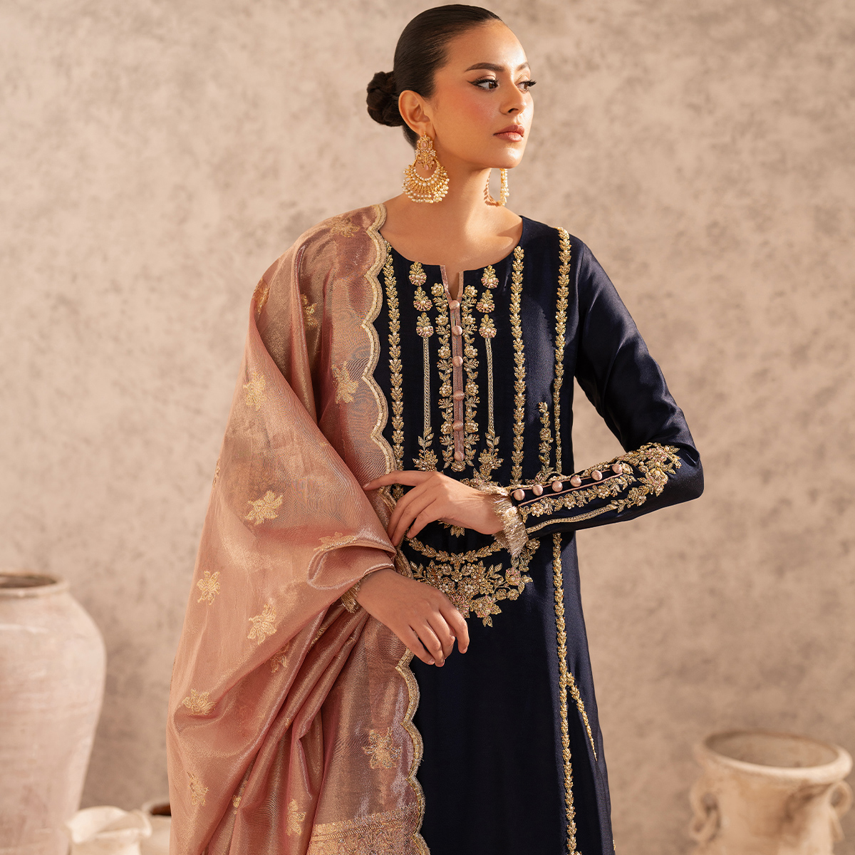 Midnight Blue Hand-Embellished Tissue Silk Salwar Kameez (3-Piece) - Image 5