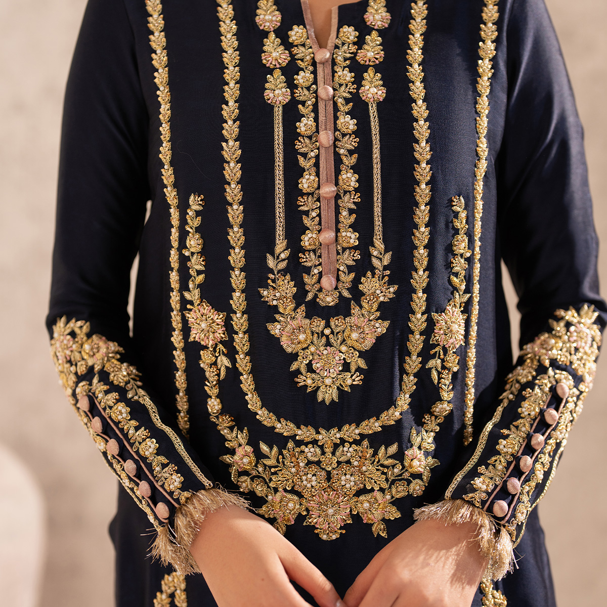 Midnight Blue Hand-Embellished Tissue Silk Salwar Kameez (3-Piece) - Image 6