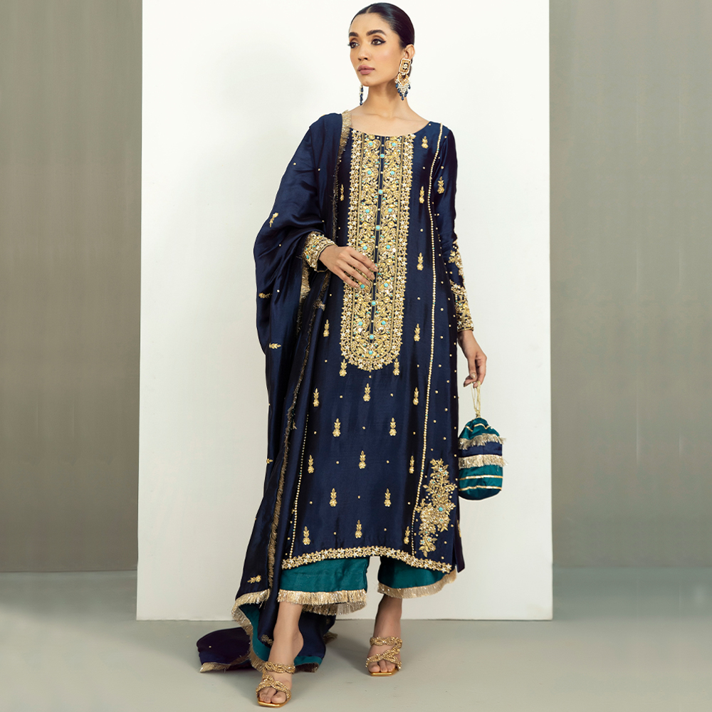 Pakistani Midnight Blue Hand-Embellished Silk Salwar Kameez (3-Piece) - Image 1