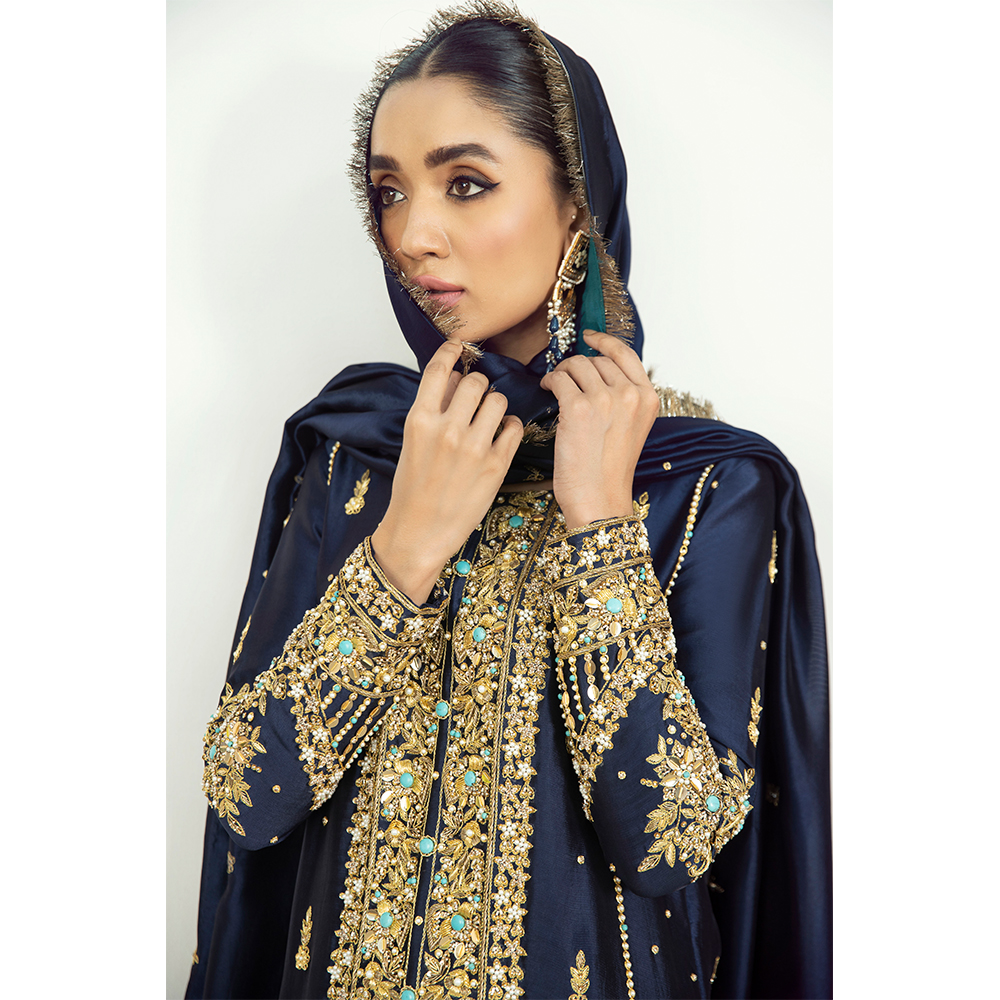 Pakistani Midnight Blue Hand-Embellished Silk Salwar Kameez (3-Piece) - Image 2