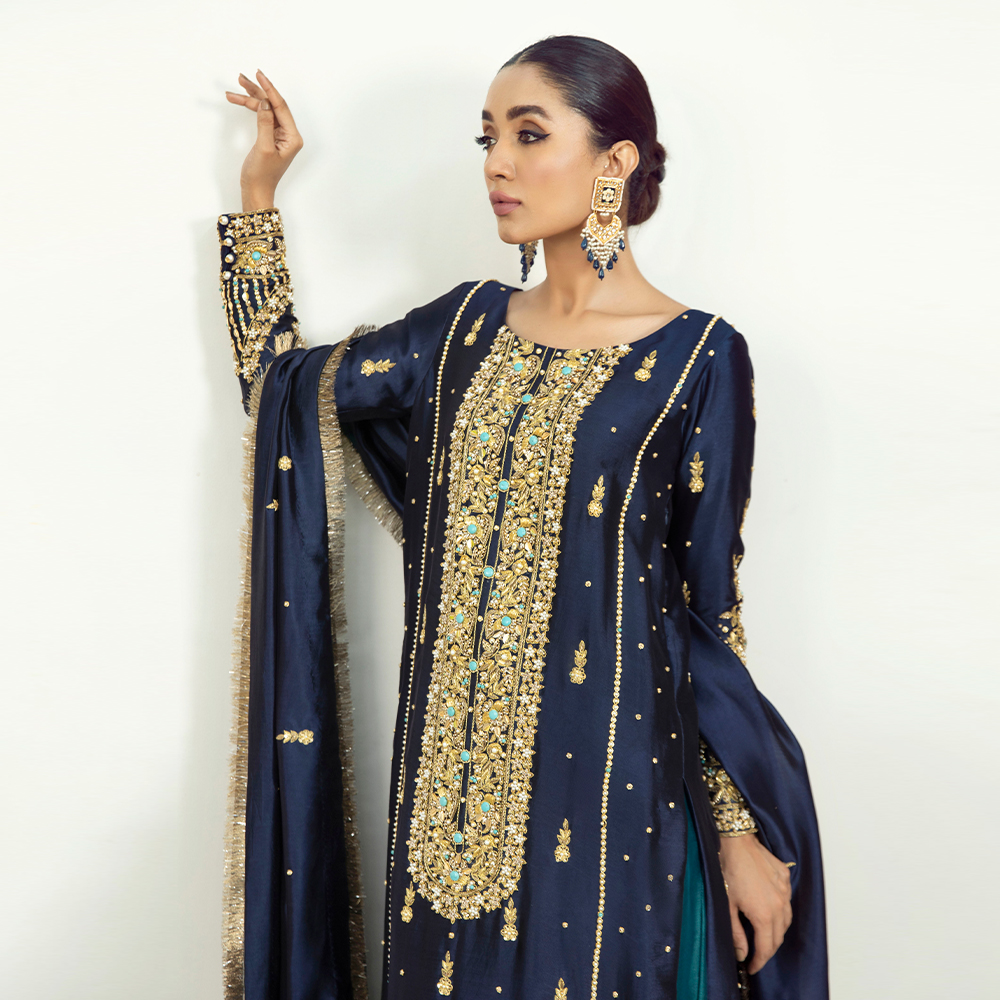 Pakistani Midnight Blue Hand-Embellished Silk Salwar Kameez (3-Piece) - Image 3