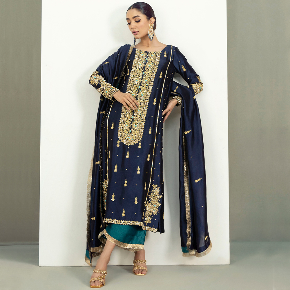 Pakistani Midnight Blue Hand-Embellished Silk Salwar Kameez (3-Piece) - Image 4