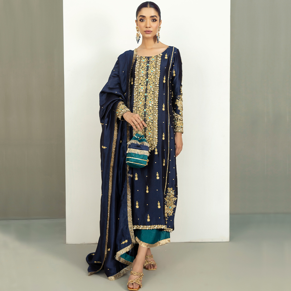 Pakistani Midnight Blue Hand-Embellished Silk Salwar Kameez (3-Piece) - Image 5