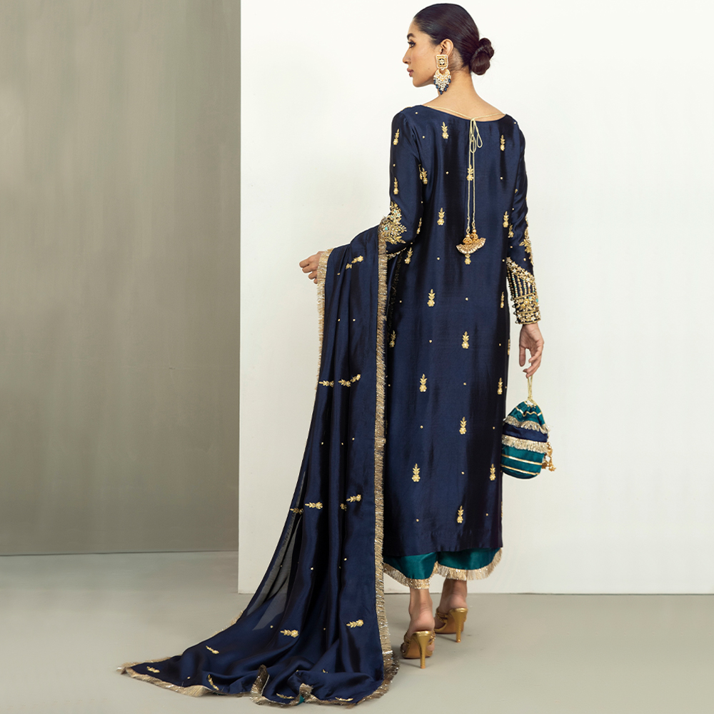 Pakistani Midnight Blue Hand-Embellished Silk Salwar Kameez (3-Piece) - Image 6