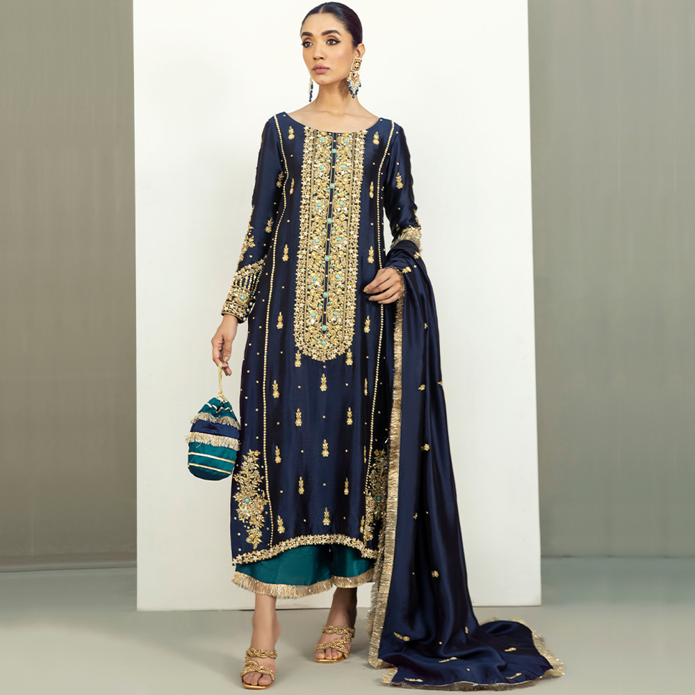 Pakistani Midnight Blue Hand-Embellished Silk Salwar Kameez (3-Piece) - Image 7