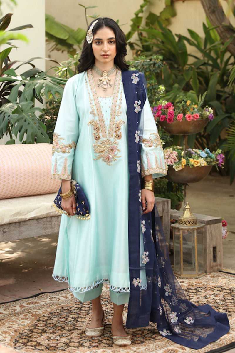 Pakistani Ice Blue Resham & Zardozi Tissue Silk Net Salwar Kameez (3-Piece) - Image 1
