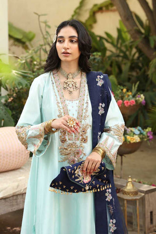 Pakistani Ice Blue Resham & Zardozi Tissue Silk Net Salwar Kameez (3-Piece) - Image 2