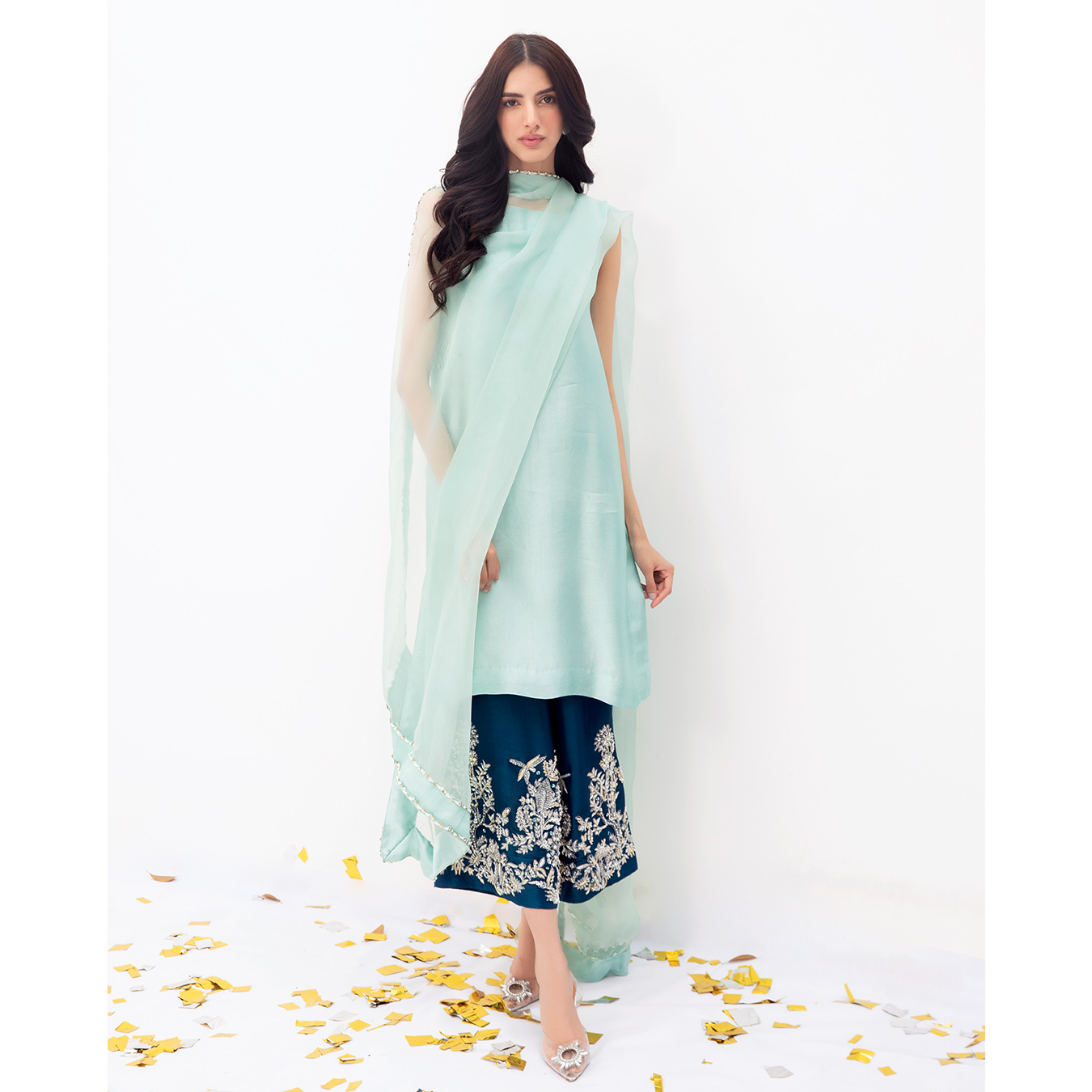 Celeste Blue Embroidered Tissue Silk Salwar Kameez (3-Piece) - Image 1