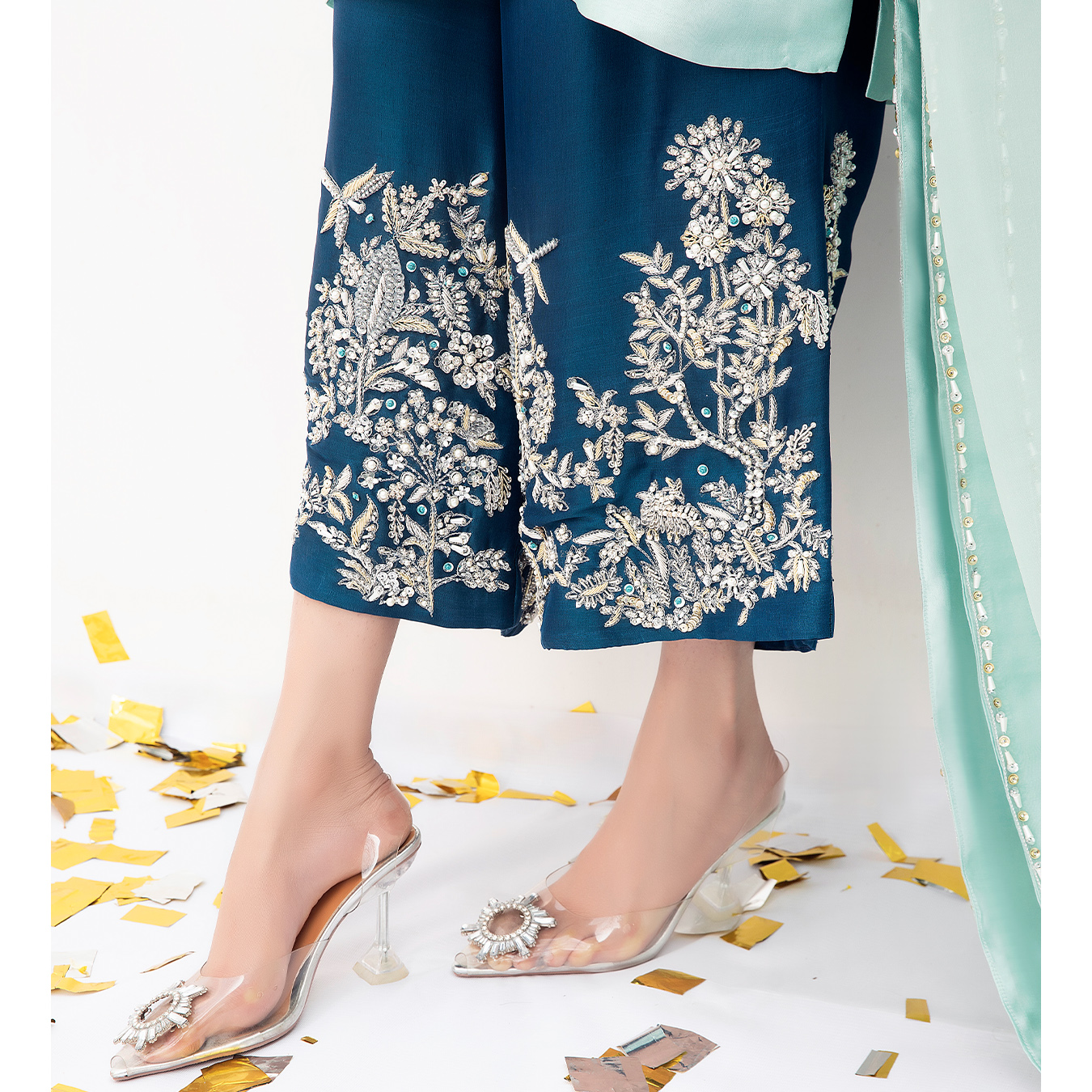 Celeste Blue Embroidered Tissue Silk Salwar Kameez (3-Piece) - Image 2
