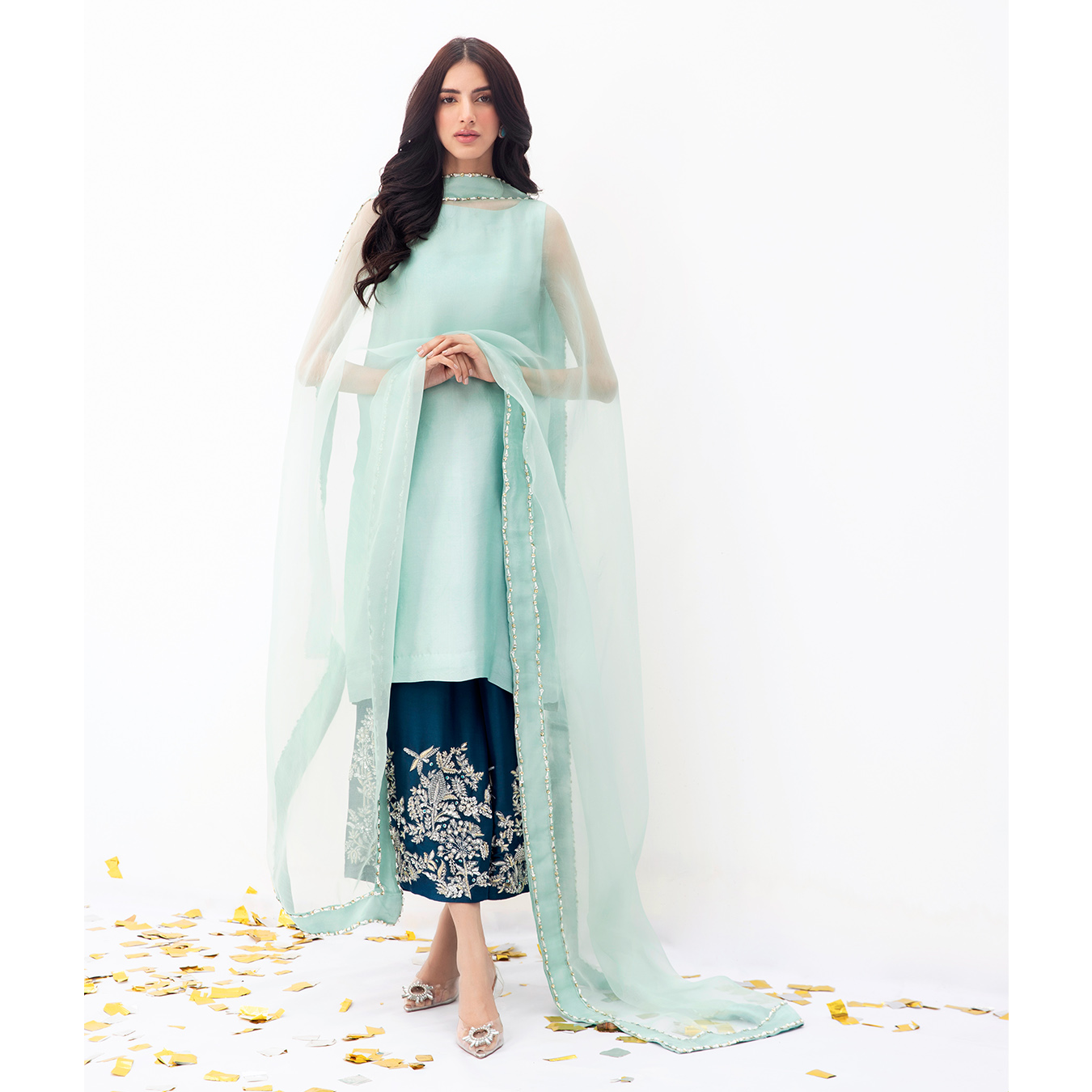Celeste Blue Embroidered Tissue Silk Salwar Kameez (3-Piece) - Image 3