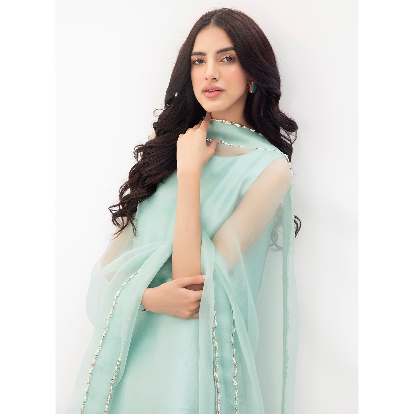 Celeste Blue Embroidered Tissue Silk Salwar Kameez (3-Piece) - Image 4