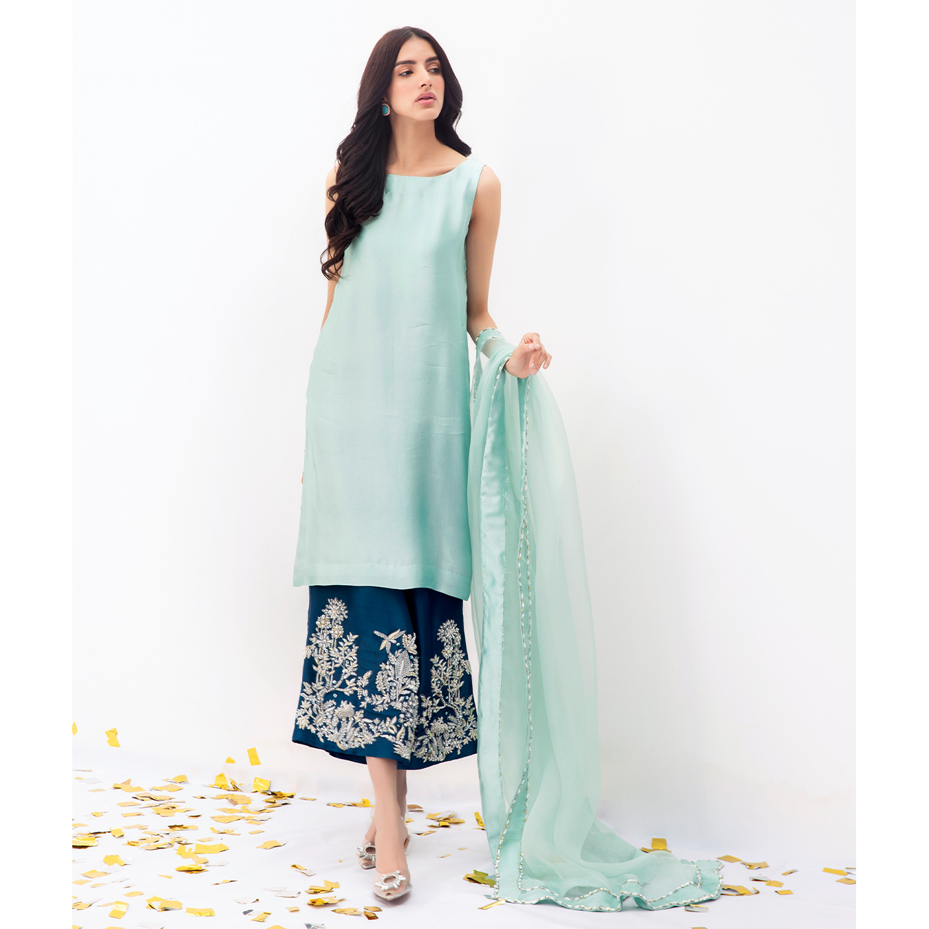 Celeste Blue Embroidered Tissue Silk Salwar Kameez (3-Piece) - Image 5