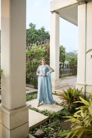 Pari Pari Blue Embroidered Tissue Silk Salwar Kameez (3-Piece) - Image 10