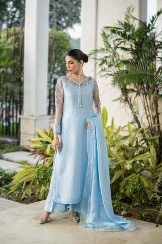 Pari Pari Blue Embroidered Tissue Silk Salwar Kameez (3-Piece) - Image 2