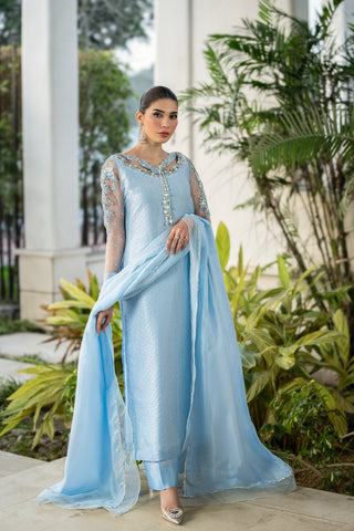 Pari Pari Blue Embroidered Tissue Silk Salwar Kameez (3-Piece) - Image 4