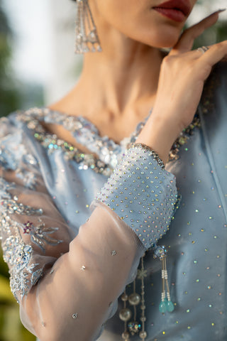 Pari Pari Blue Embroidered Tissue Silk Salwar Kameez (3-Piece) - Image 8