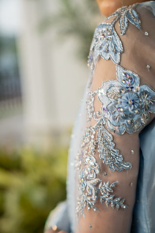 Pari Pari Blue Embroidered Tissue Silk Salwar Kameez (3-Piece) - Image 9