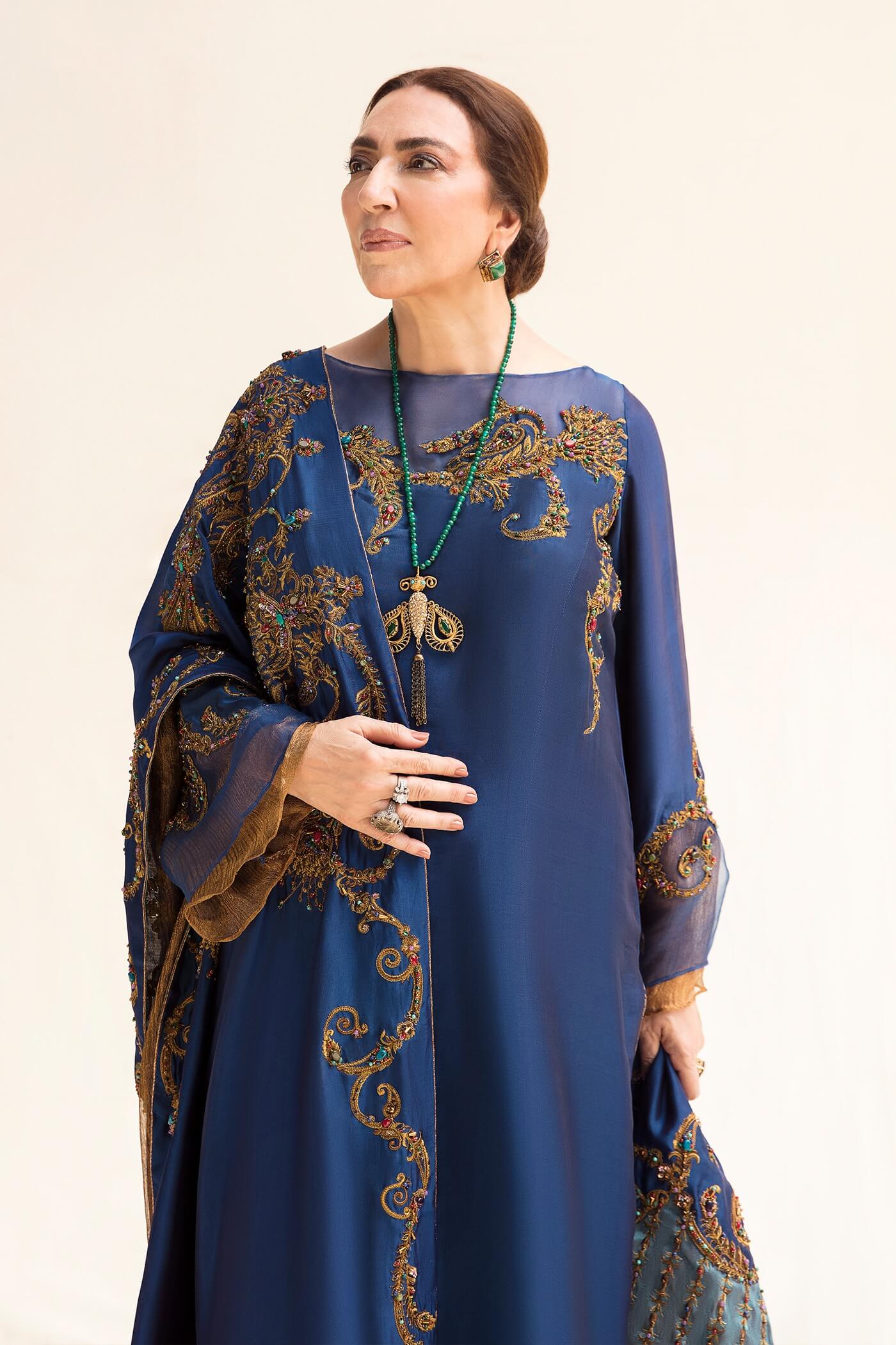 Royal Blue Zari Embroidered Pure Tissue Silk Salwar Kameez (3-Piece) - Image 3