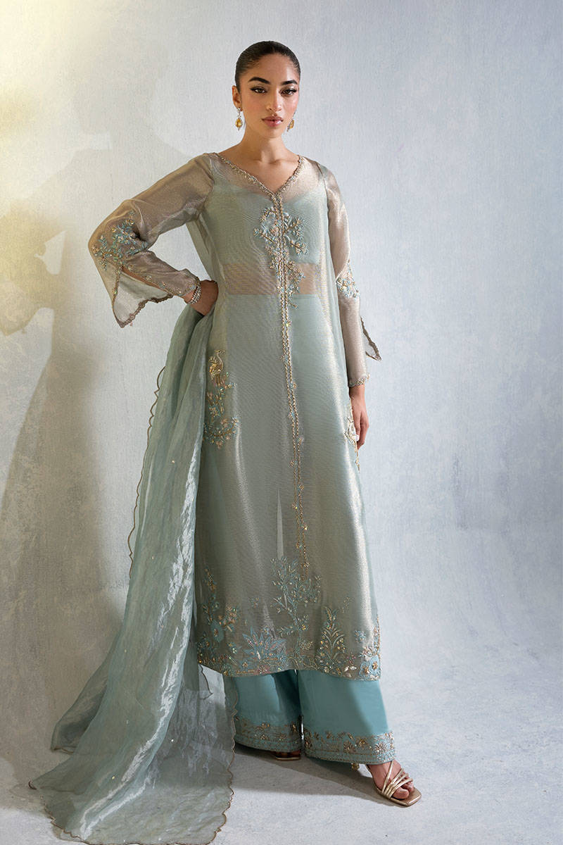 Powder Blue Zardozi Pure Tissue Salwar Kameez (3-Piece) - Image 1