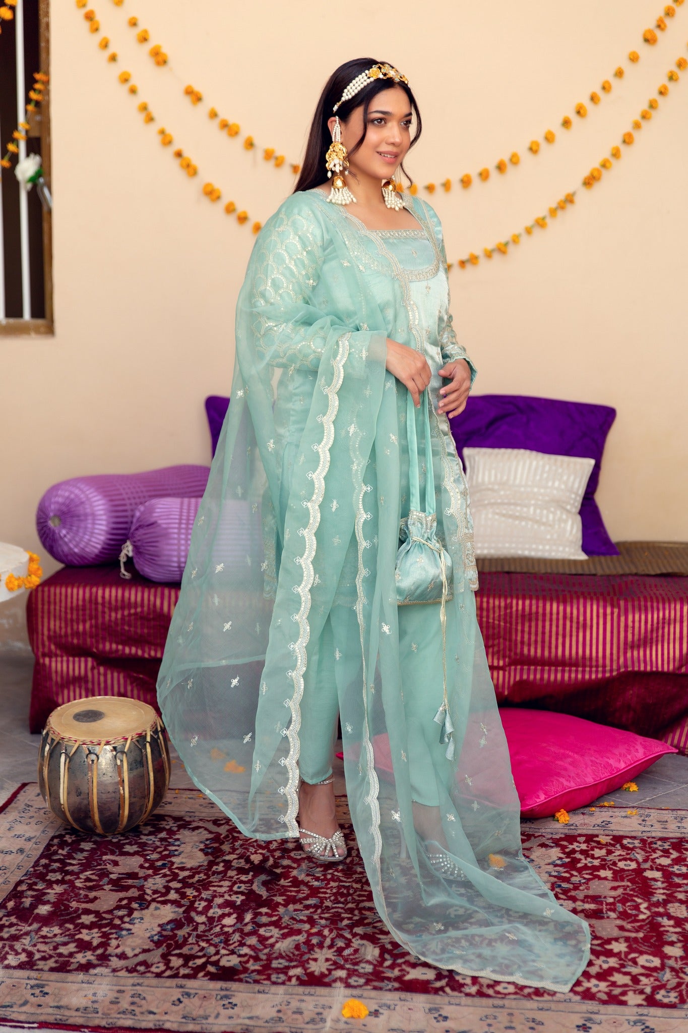 Pakistani Powder Blue Zari Tilla Tissue Salwar Kameez (3-Piece) - Image 1