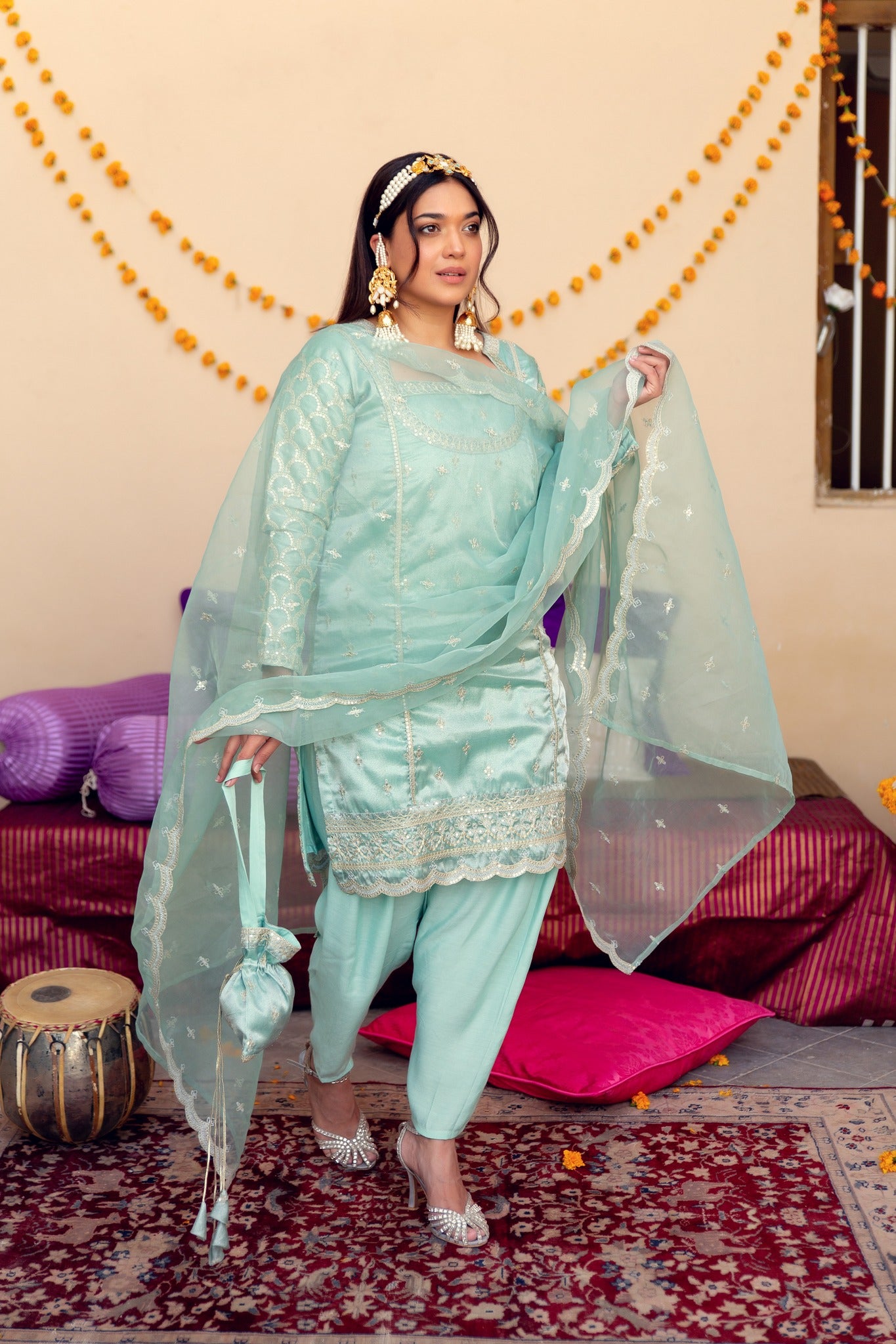 Pakistani Powder Blue Zari Tilla Tissue Salwar Kameez (3-Piece) - Image 2