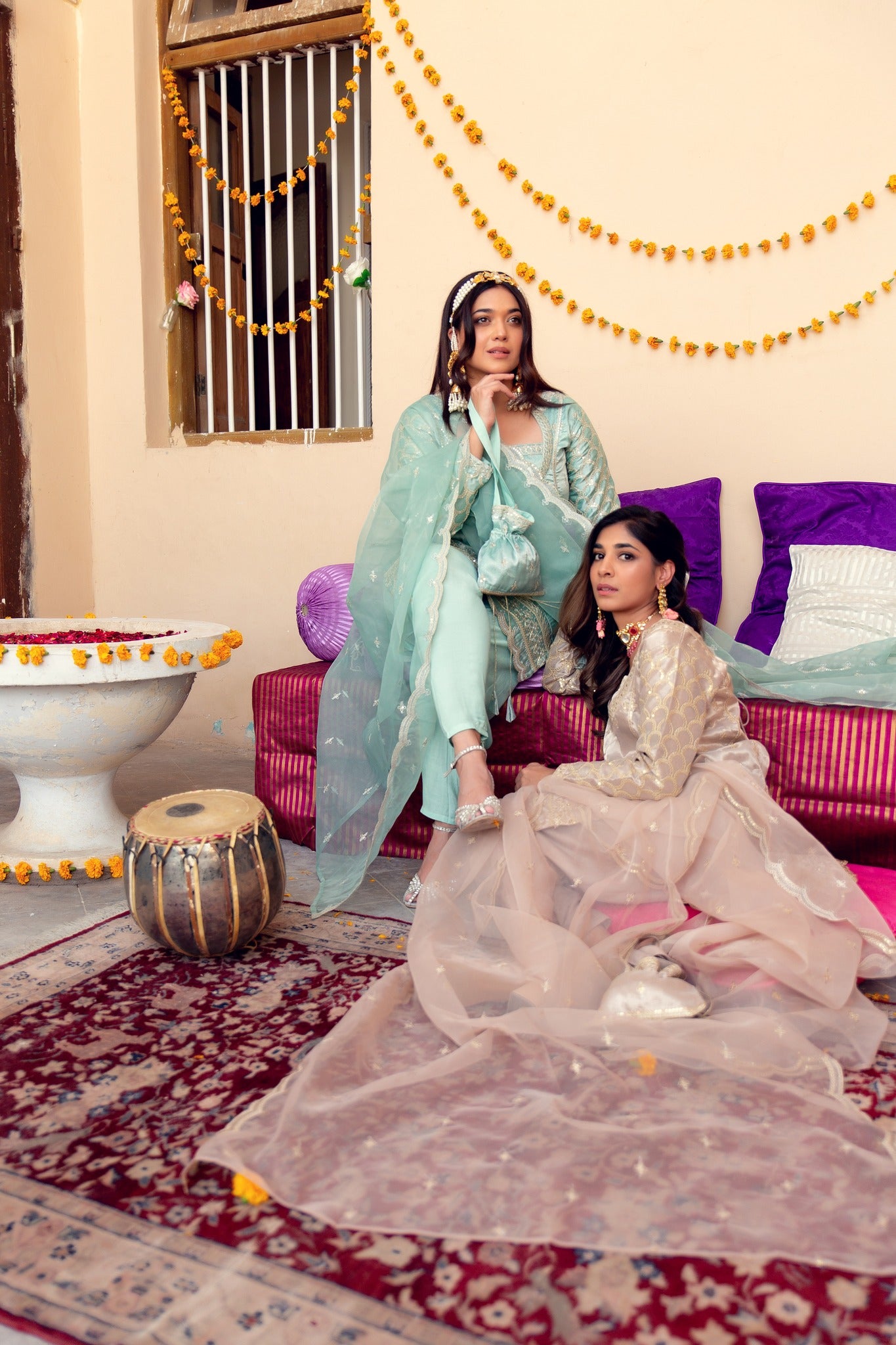 Pakistani Powder Blue Zari Tilla Tissue Salwar Kameez (3-Piece) - Image 3