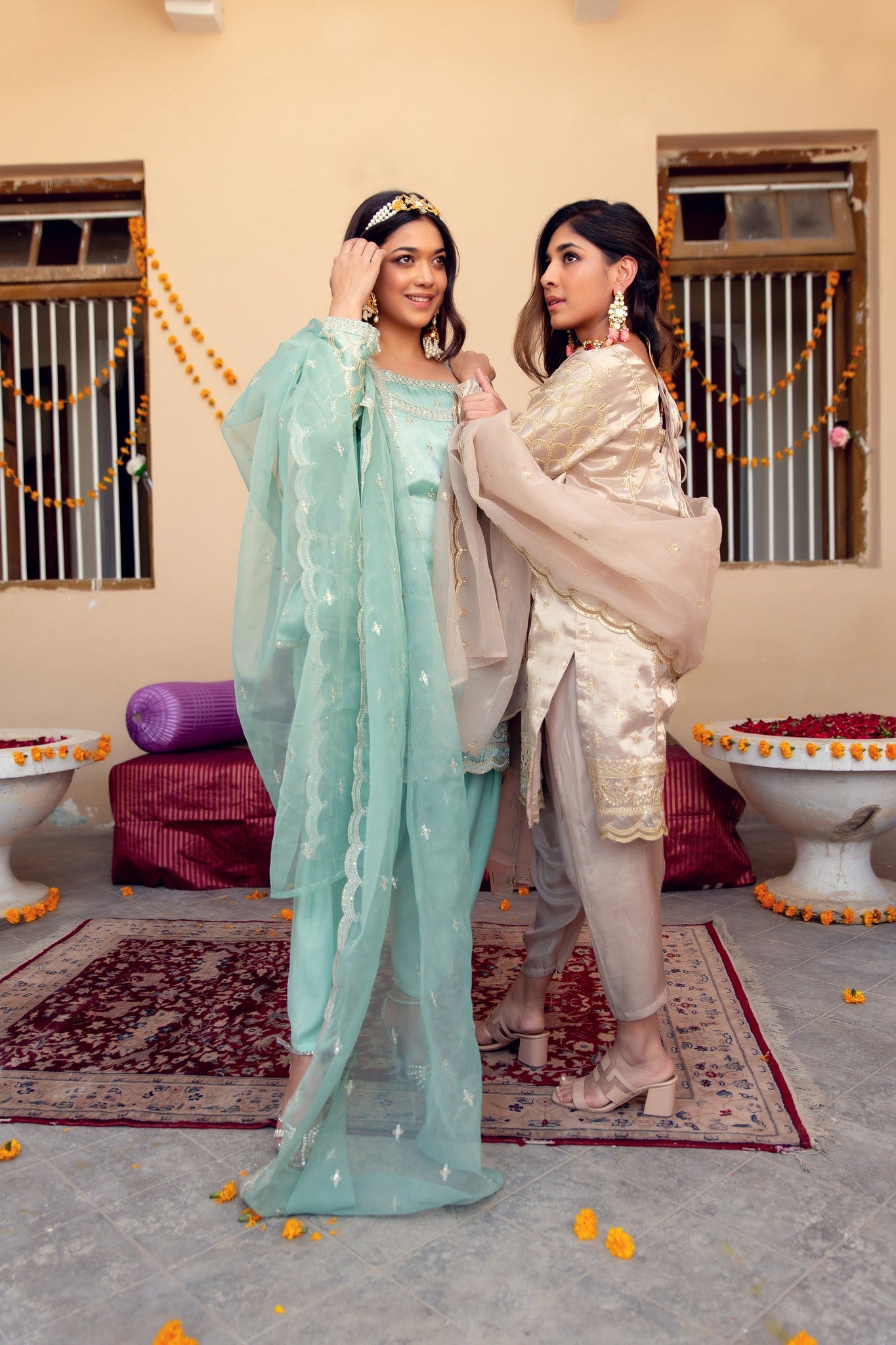 Pakistani Powder Blue Zari Tilla Tissue Salwar Kameez (3-Piece) - Image 4