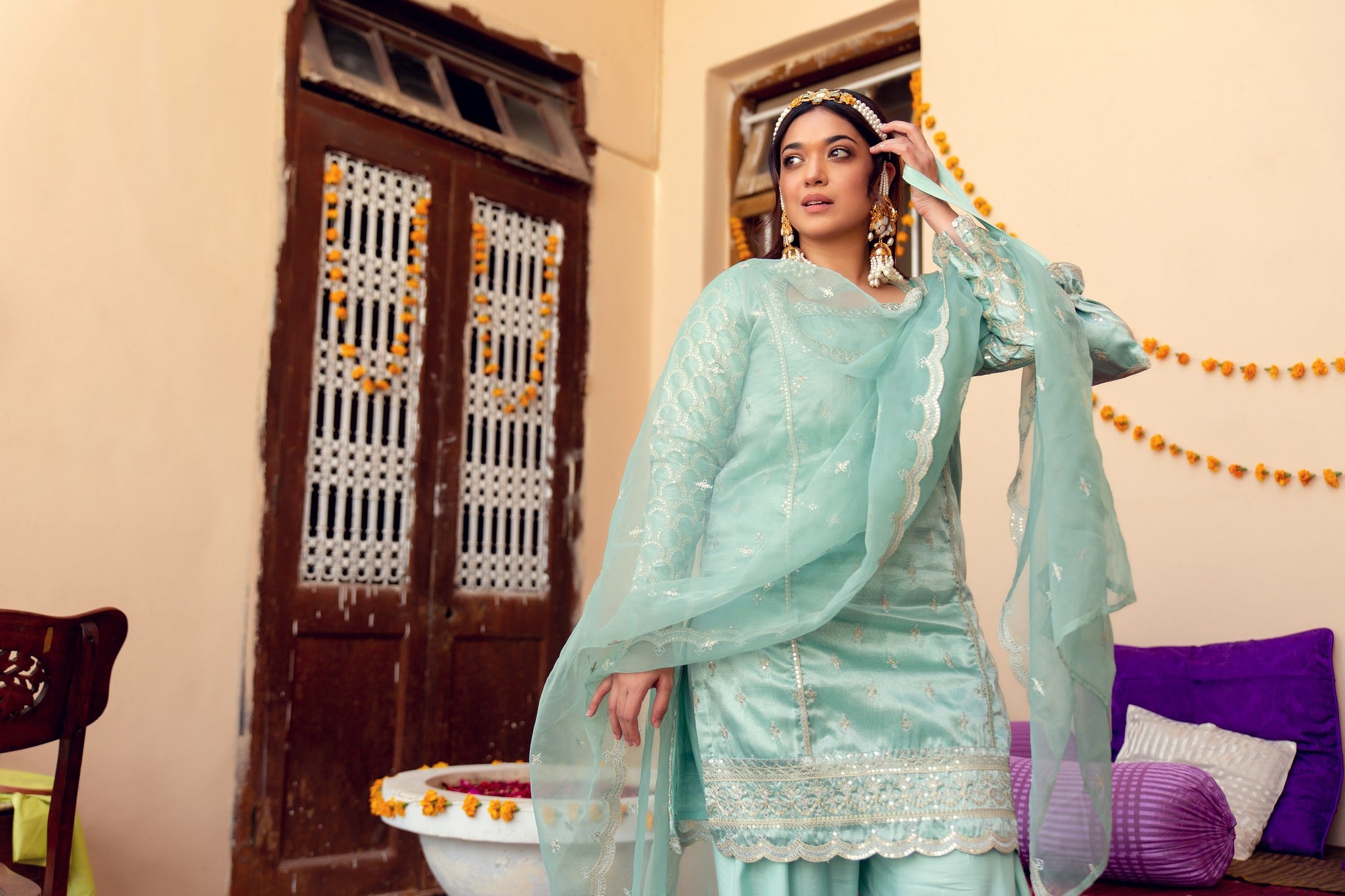 Pakistani Powder Blue Zari Tilla Tissue Salwar Kameez (3-Piece) - Image 5