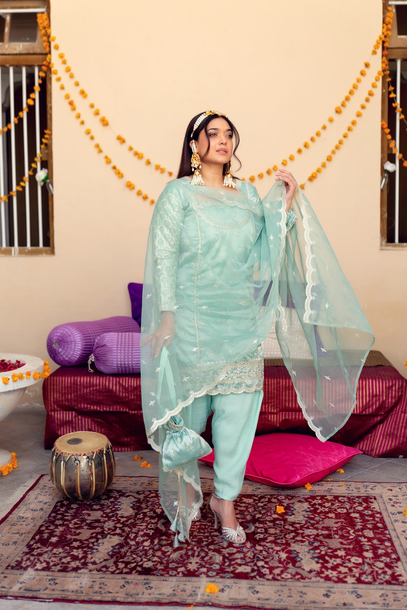 Pakistani Powder Blue Zari Tilla Tissue Salwar Kameez (3-Piece) - Image 6