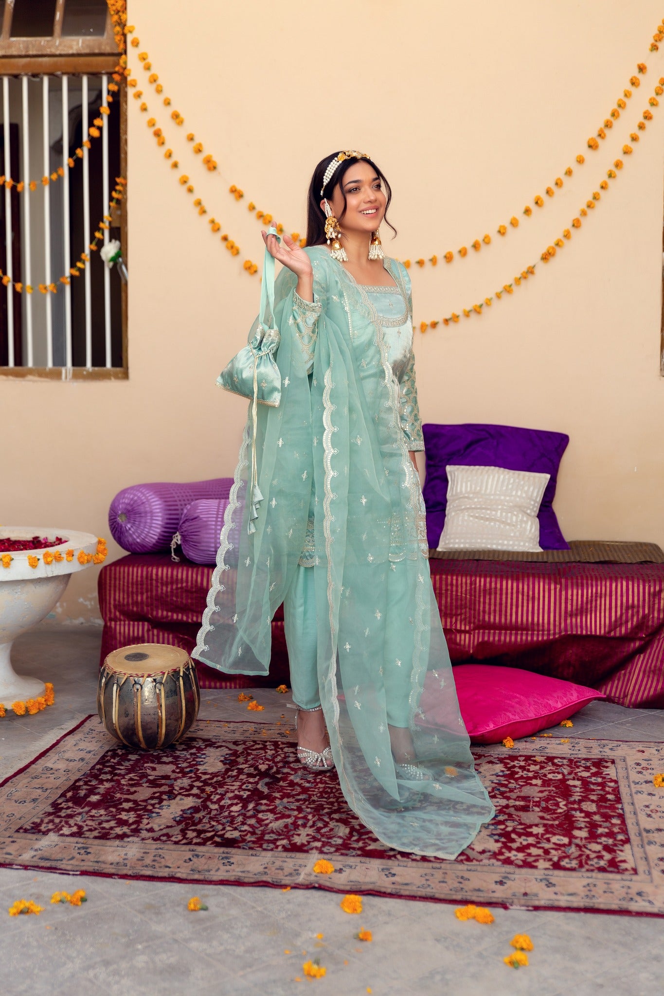 Pakistani Powder Blue Zari Tilla Tissue Salwar Kameez (3-Piece) - Image 7