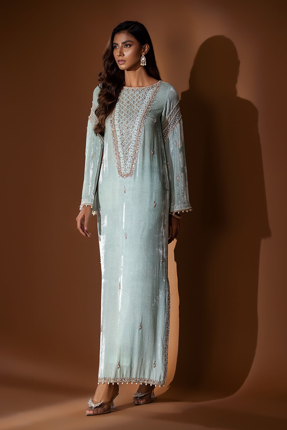 Ice Blue Embellished Velvet Salwar Kameez (2-Piece) - Image 1