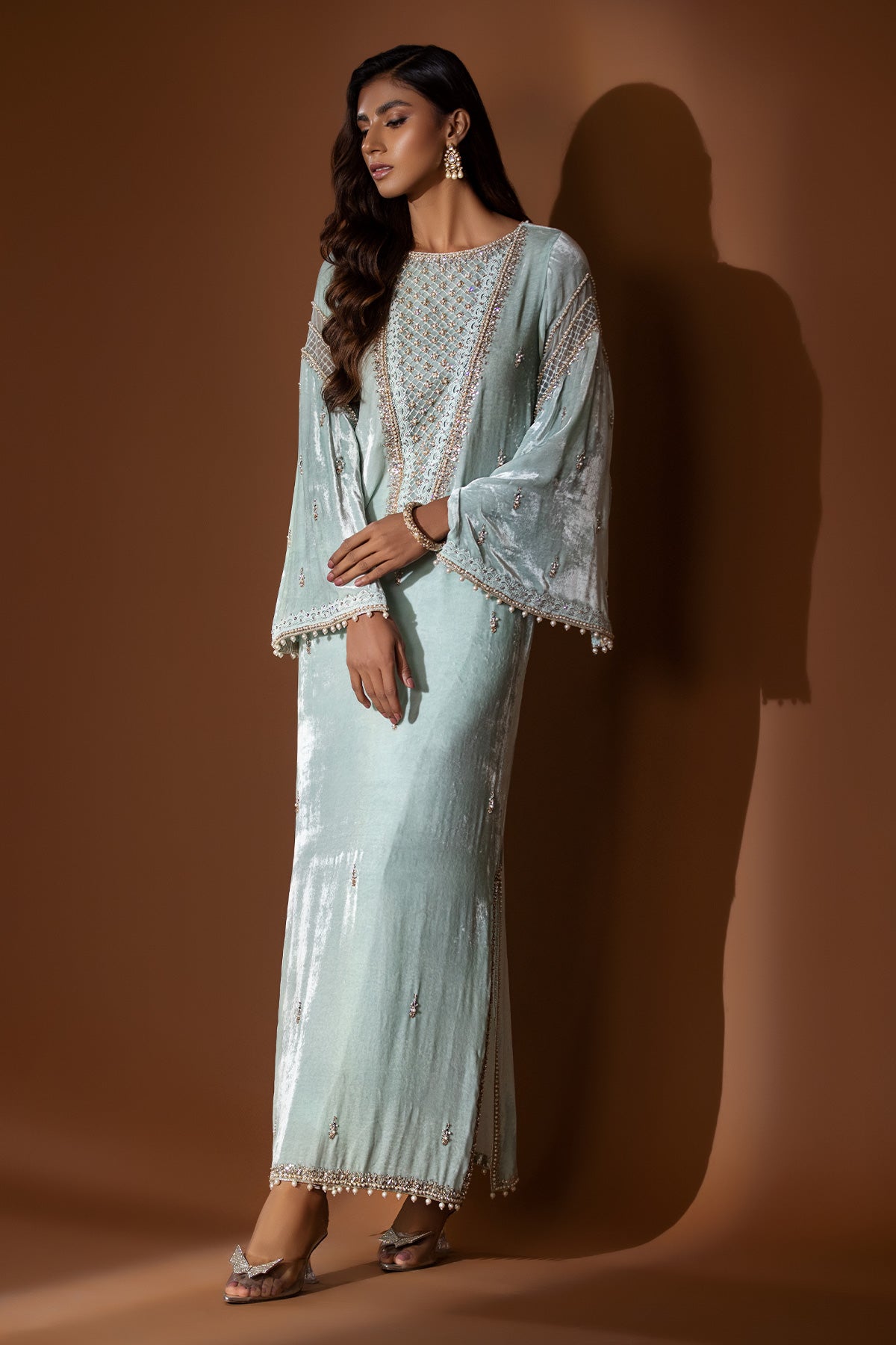 Ice Blue Embellished Velvet Salwar Kameez (2-Piece) - Image 2