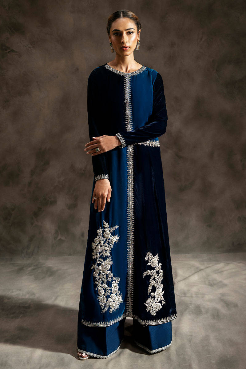 Pakistani Blue Velvet Embroidered Long Shirt (3-Piece) - Image 1