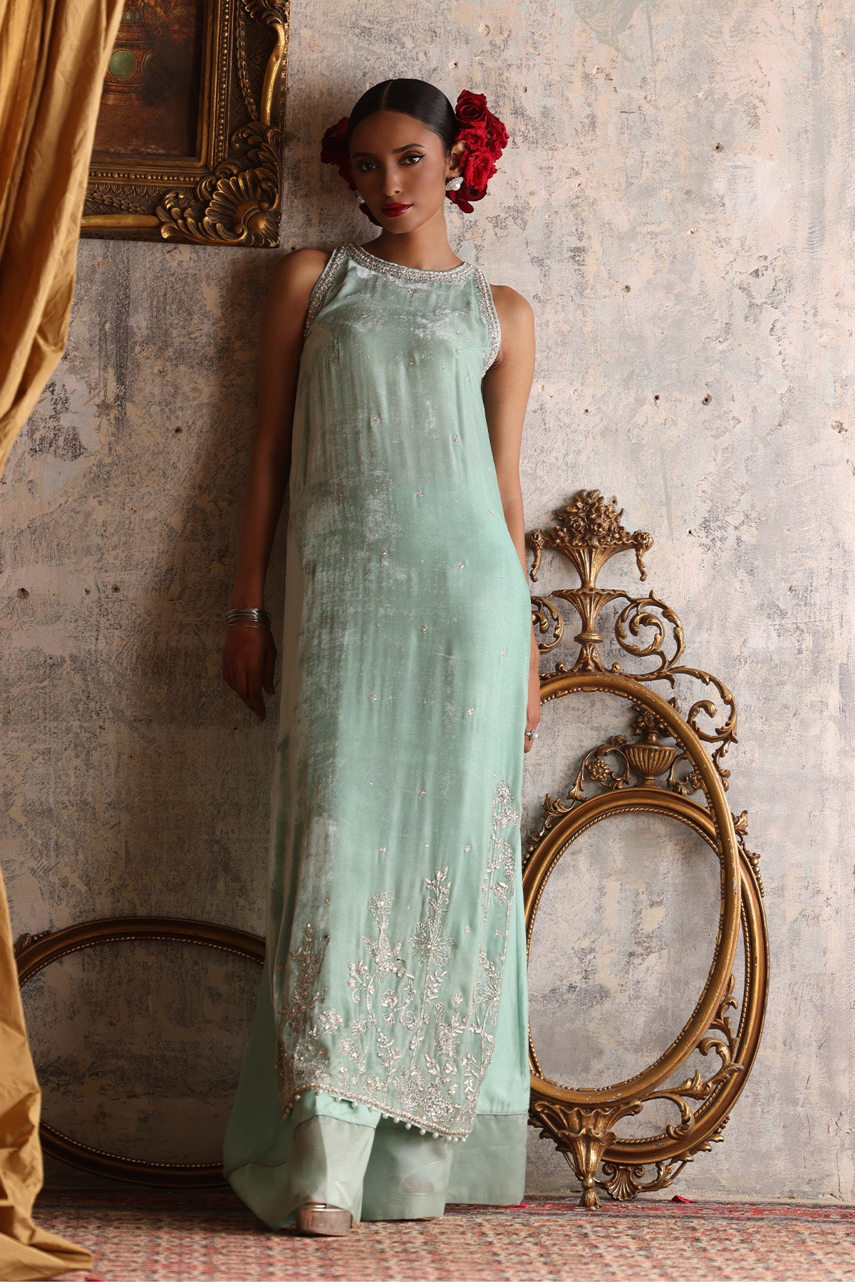 Light Blue Embellished Velvet Salwar Kameez (2-Piece) - Image 1