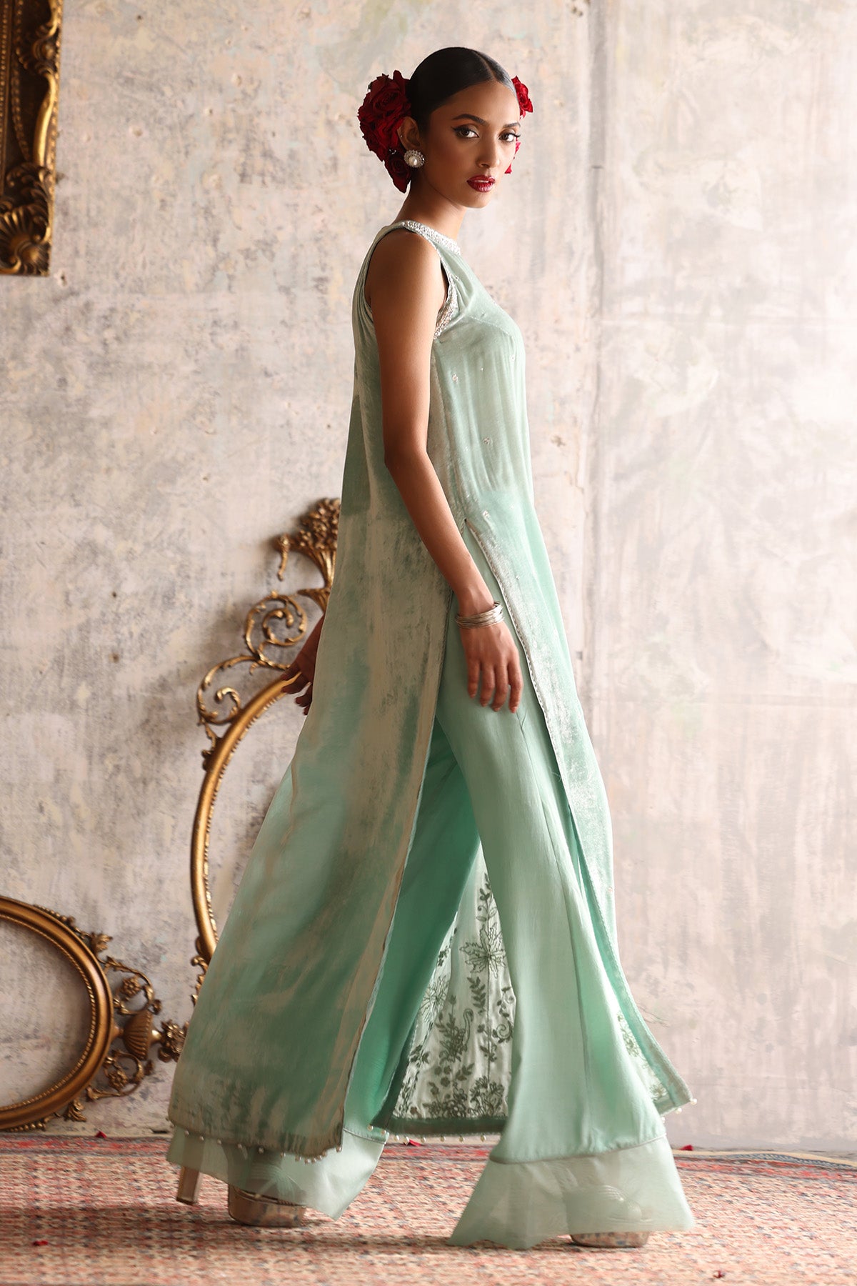 Light Blue Embellished Velvet Salwar Kameez (2-Piece) - Image 2