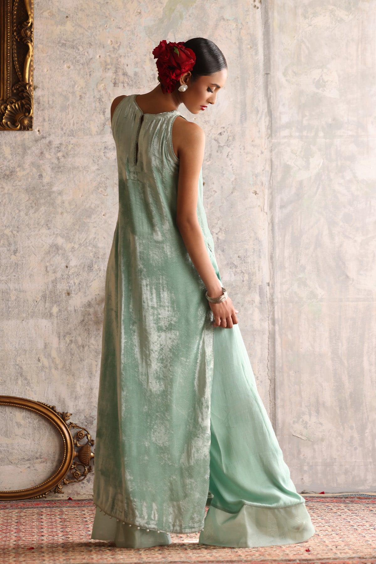 Light Blue Embellished Velvet Salwar Kameez (2-Piece) - Image 3