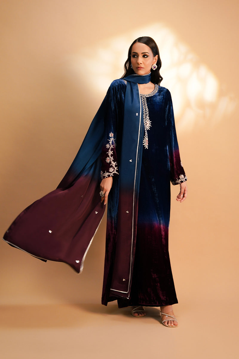 Deep Blue Plum Embellished Velvet Kurta (3-Piece) - Image 1